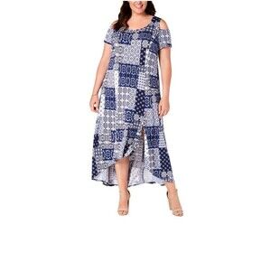 NY Collection Maxi Dress High Low Printed  Plus Size 2XP Cold Shoulder Slit
